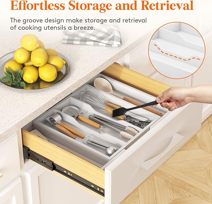 Lifewit Utensil Organizer for Kitchen Drawer, Expandable Cooking Utensil Tray, Bamboo Cutlery Silverware Flatware Holder, Adjustable Spatula Tools and Gadgets Storage Divider, Large, White