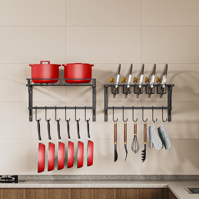 2 Packs Wall Mounted Hanging Pots and Pans Organizer Rack with 12 Hooks,For Storage Pans,Pot Lids, Cooking Utensils, Plants and Toiletries in the Kitchen,Balcony or Bathroom