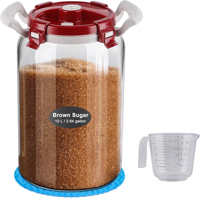 2.6Gallon/10L Glass Sugar Container with Lid - Airtight Food Storage Containers for Flour and Sugar, BPA-Free, Wide Mouth, Include Measuring Cup, Premium Kitchen Canisters for Pantry Organization