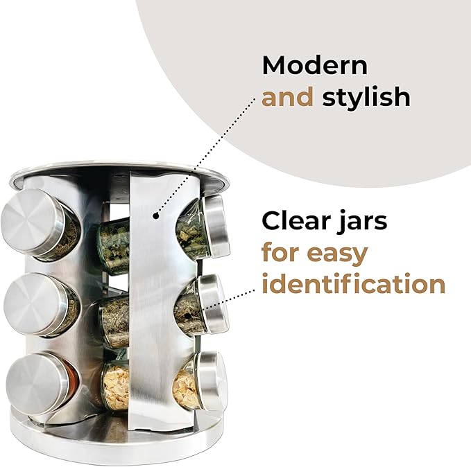 Rotatable Stainless Steel Spice Seasoning Organizer Rack with 12 Glass Jars, Ideal for Storing Spices, Salt, Pepper, Sugar and Dry Ingredients