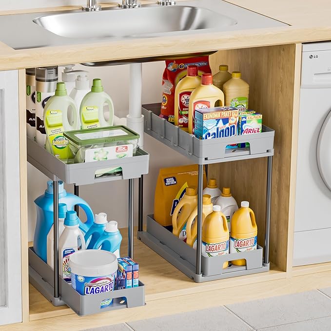 Delamu Under Sink Organizers and Storage, 2 Pack Pull Out Kitchen Bathroom Cabinet Organizer, 2 Tier Grey Under Sink Storage for Bathroom Kitchen