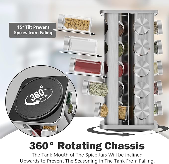 Rotating Spice Rack Organizer, Spice Tower for Countertop, Revolving Spice Rack Set for Cabinet, Silver Steel Kitchen Seasoning Organizer with 20 Jars and Funnel Square-round
