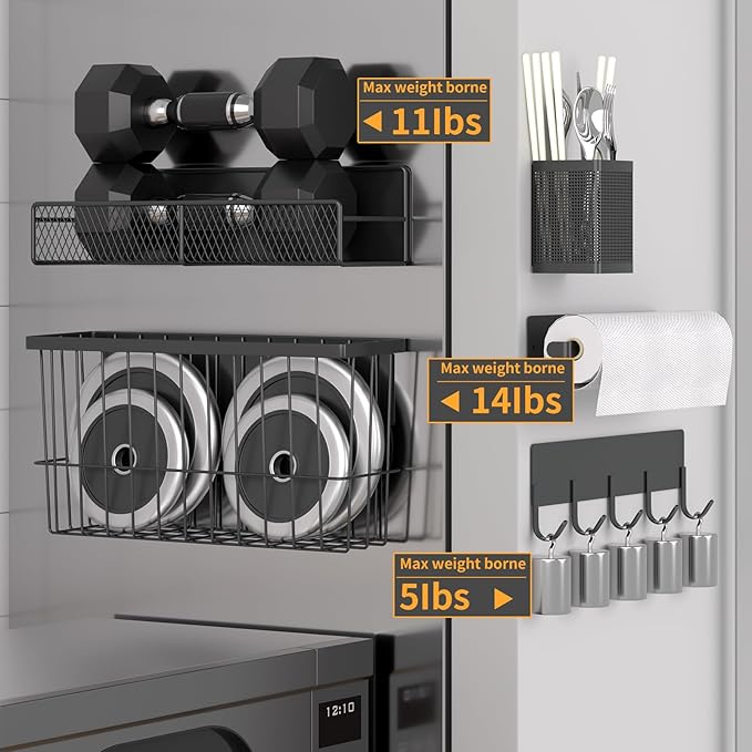 Magnetic Spice Rack for Refrigerator, 7 Pack Metal Magnetic Shelf, Moveable Magnetic Storage Fridge Organizer, Spice Organizer, Hook Rack, Paper Towel Holder, Utensils Holder, Cutting Board Holder