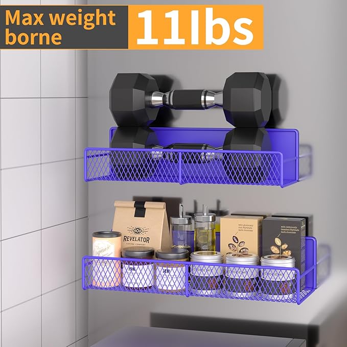 Magnetic Spice Rack for Refrigerator, 4 Pack 100% Metal Strong Magnet Fridge Shelves, Space Saving Spice Organizer, No Drilling Home Kitchen Laundry Room Storage Organization, Purple Blue