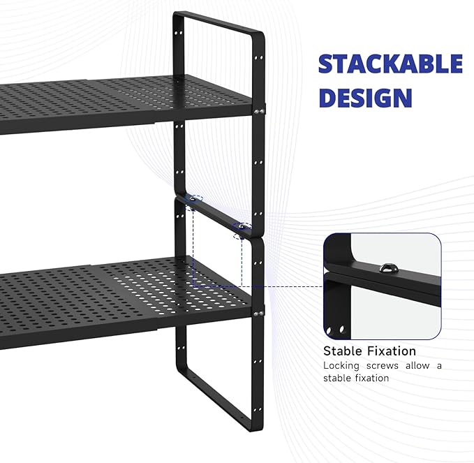 Expandable Kitchen Shelf Organizers, Kitchen Cabinet Organizer Stand Rack Organization for Countertop Cupborad Pantry, Black 3 Pack