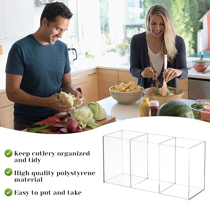 Rainmae Large Acrylic Cutlery Storage Organizer, Plastic Cutlery Utensil Holder Storage Organizer Caddy for Kitchen Countertop Organization - Holds Fork, Knife, Spoon, Silverware Tableware Storage Box
