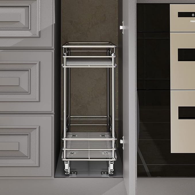 LOVMOR Pull Out Cabinet Organizer and Storage (5" W x 21" D) 2-Tier Pull Out Shelf Storage for Kitchen Base Cabinet Silver(5" W x 21" D, Silver, Roll on Top)