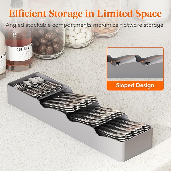 Lifewit Compact Flatware Drawer Organizer, Narrow Silverware Tray for Kitchen Drawers, Plastic Cutlery Holder for Spoons, Forks and Knives, Utensils Storage Organization, 2 Pack, Gray
