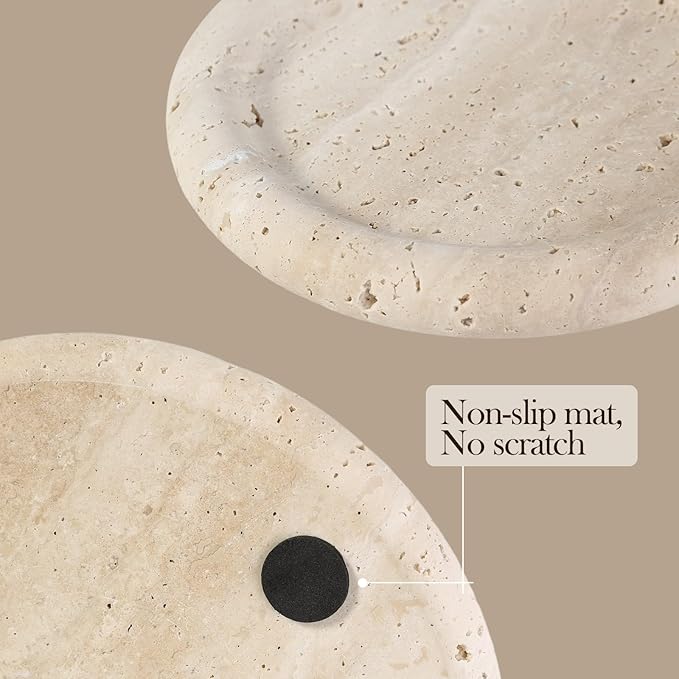 Koville Italian Round Travertine Tray, 8" Vanity Decorative Marble Tray for Countertop, Catchall for Perfume, Candles, Jewelry Dish