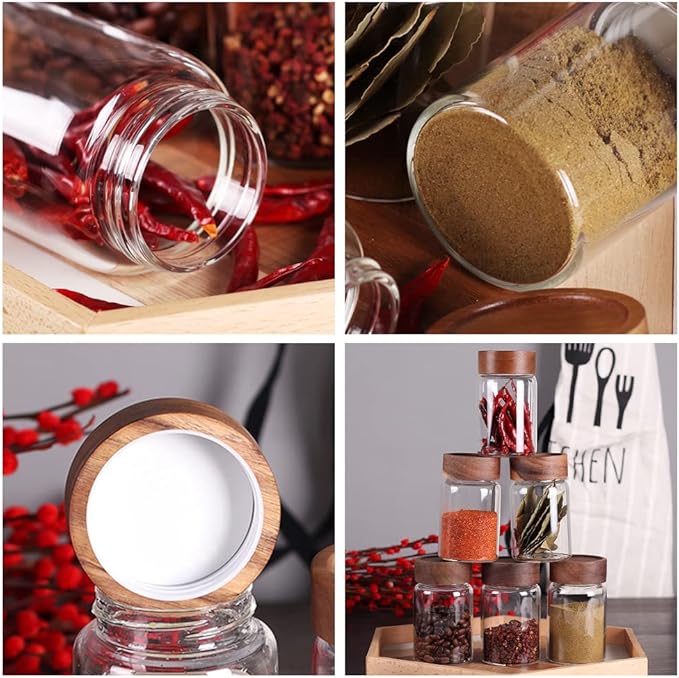SAIOOL 6 Pcs Small Glass Spice Jars with Label,High Sealing Threaded Mouth,with Black Printed Spice Labels - 8.79oz /260ml*6,Empty Cylinder Spices Bottles,Storage Jars with Airtight Screw Lids