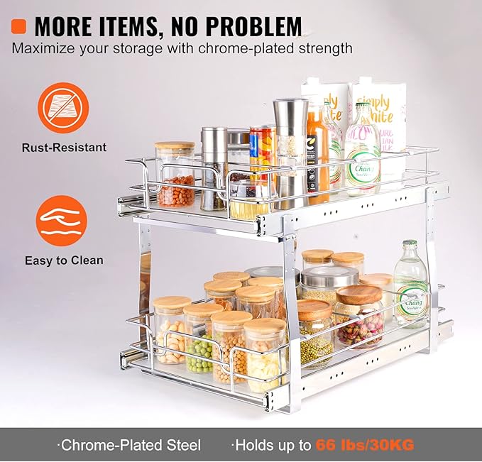 VEVOR 2 Tier 12.7" Wx21 Dx3.1" H Pull Out Cabinet Organizer, Heavy Duty Slide Out Pantry Shelves, Chrome-Plated Steel Roll Out Drawer for Under Sink, 11.8" Wx20.3" Dx3.1"H Install Size for Cabinet