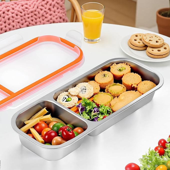 Stainless Steel Snack Containers - Reusable Double Compartment Condiment Box with Lids for Kids Adults, Grab and Go Divided Snack Food Storage Containers Sauce Cups for School, Travel
