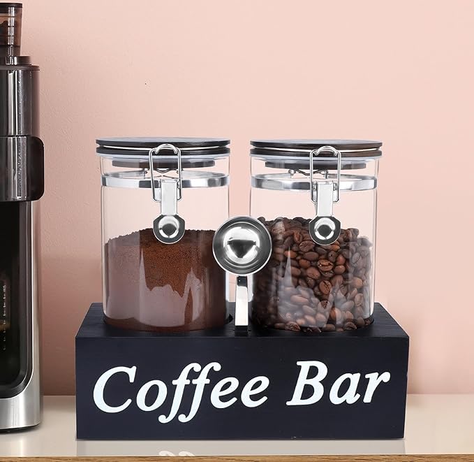 WYTAOHZL 2PCS Glass Coffee Containers With Shelf 54 oz Station Organizer Bean Storage With Spoon Canister Set Jars With Airtight Locking Clamp for Ground Nuts