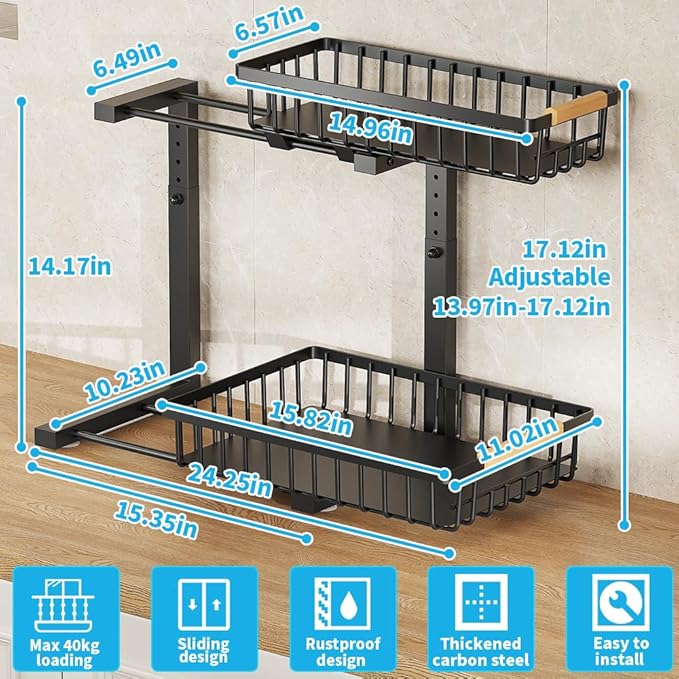 Under Sink Organizer, 2 Tier Under Sink Organizers and Storage, Metal Slide out Pull out Cabinet Organizer,Sliding Drawer Organizer for Kitchen Bathroom Pantry Closet