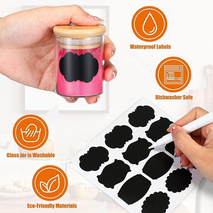 Roshtia Glass Spice Jars with Bamboo Airtight Lids Labels and Chalk Marker Food Storage Container Clear Spice Storage Bottle for Kitchen, Herbs, Seasoning, Seed, Tea, Sugar (12 Pcs,2.5 Oz)