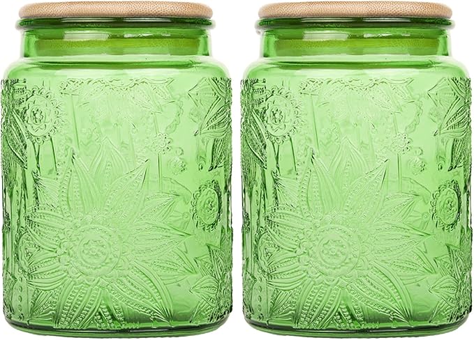 Glass Storage Jars With Airtight Lid, 23.7oz Canister For Kitchen Counter with Bamboo Lid, brown sugar, candy, coffee, cookie, salt, tea,pantry cute Jar (Green 2-Pack, 23.7 fl oz)