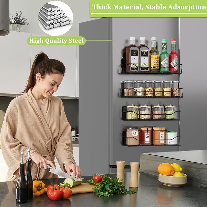 Magnetic Spice Rack for Refrigerator, 4 Pack Metal Strong Magnet Spice Organizer Shelves, Magnetic Fridge Shelf for Kitchen Seasoning Organizer Gadgets, Home Organization and Storage (Black)