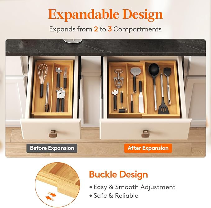 Lifewit Utensil Drawer Organizer, Expendable Cooking Silverware Tray for Kitchen Drawer, Bamboo Adjustable Cutlery Flatware Holder, Spatula Tools and Gadgets Storage Divider, 3 Compartments, Natural
