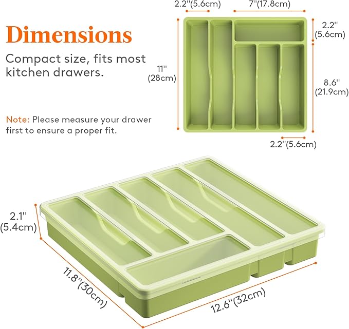 Lifewit Silverware Organizer with Lid, Covered Utensil Tray for Kitchen Drawer and Countertop, Plastic Cutlery and Flatware Storage Box for Spoons Forks Knives Holder Case, 6 Compartments, Green
