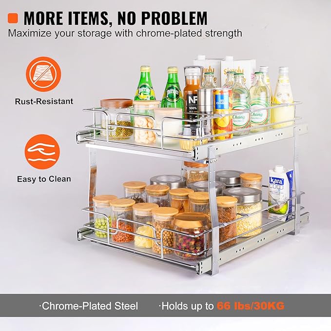 VEVOR 2 Tier 17"Wx21"Dx15"H Pull Out Cabinet Organizer, Heavy Duty Slide Out Pantry Shelves, Chrome-Plated Steel Roll Out Drawers, Sliding Drawer Storage, 18.5"Wx22"Dx18"H Install Size for Cabinet