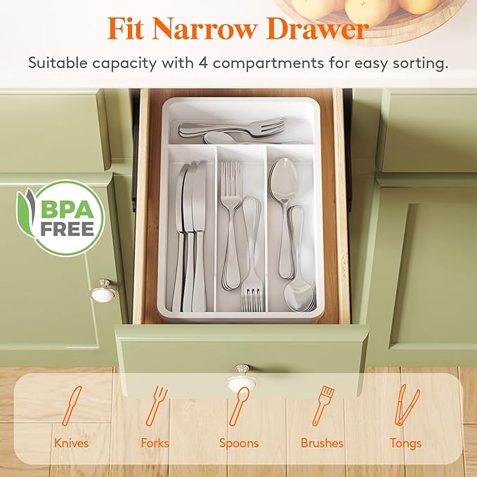 Lifewit Silverware Tray, Cutlery Drawer Organizer Storage for Kitchen, Plastic Flatware Utensil Holder Divider for Spoons Forks Knives Tableware, 4 Compartment, White