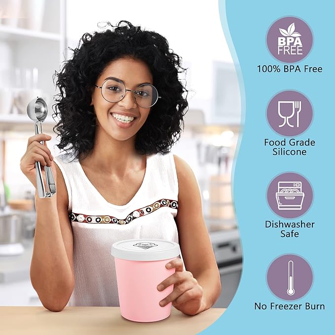 Ice Cream Containers (2 Pack - 1 Quart Each), Freezer Containers for Homemade Ice Cream Storage - Pink