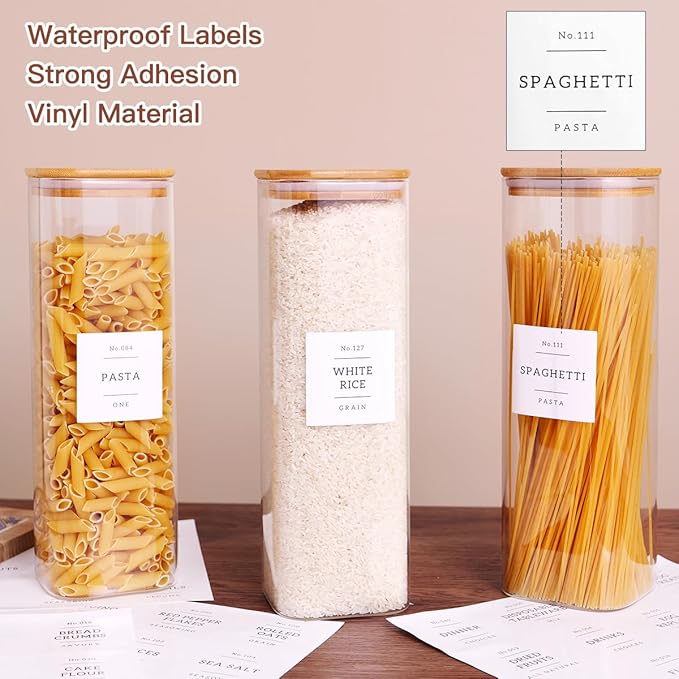 3 Pack Square Glass Kitchen Storage Jars with Airtight Bamboo Lids and 132 Pantry Labels - 80oz Glass Canisters with Wood Lids - Glass Food Storage Containers for Spaghetti, Pasta, Fettuccine