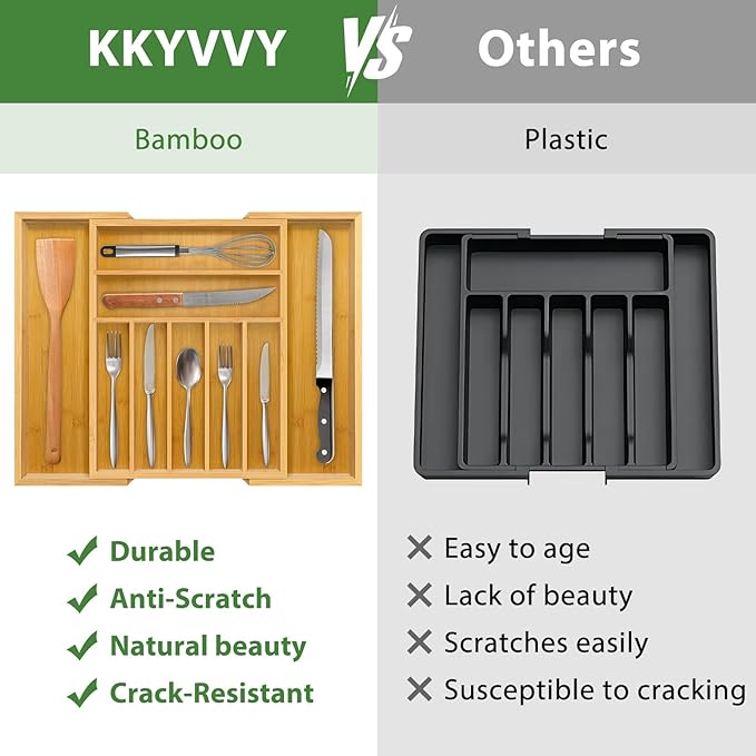 Silverware Organizer with 9 Slots - Bamboo Utensil Drawer Organizer for Kitchen - Expandable Flatware Drawer Organizer Tray for Kitchen Utensils, Cutlery and Tools