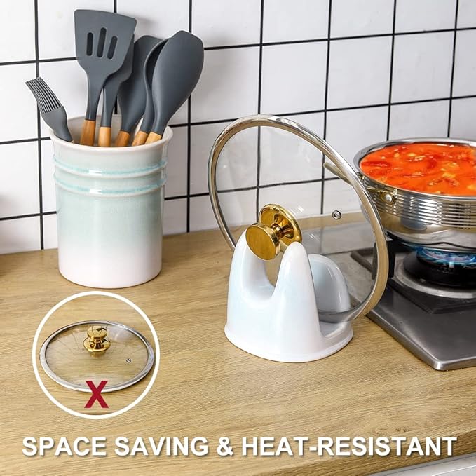 Nihow Pot Lid Holder: Stable Ceramic Pan Lid Holder for Kitchen Counter Decor/Counter top/Stove Top- Heat Resistant & Dishwasher Safe - Elegant White & Green (1 PC)