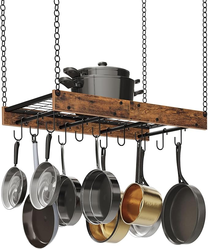 Hanging Pot Rack, Vintage Pot Hangers for Kitchen, Ceiling Mounted Pot Rack, Pot and Pan Hanging Rack with 12 S-Shaped Hooks, for Cookware Storage, Rustic Brown and Black TPR01BF