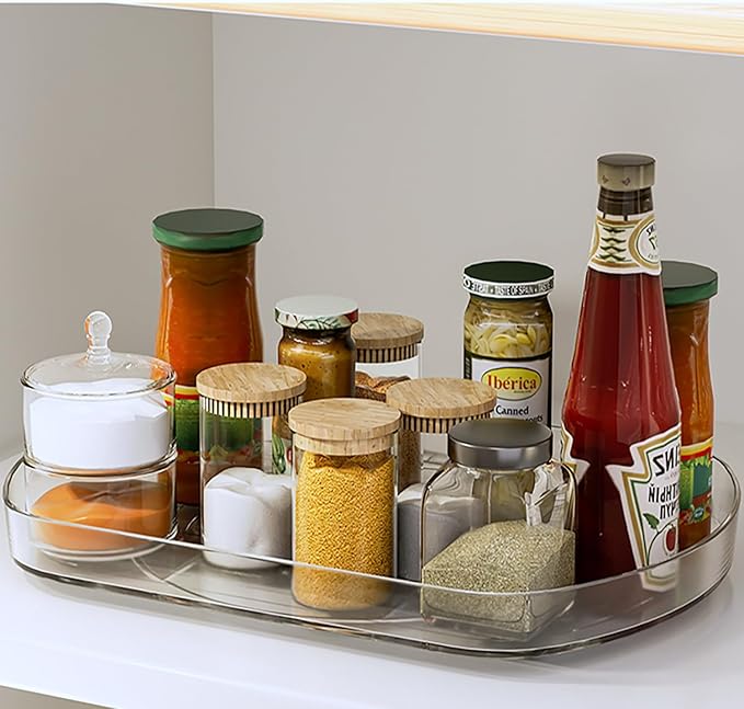 Voova Lazy Susan Turntable Organizer for Refrigerator, 360° Rotating Fridge Organizers and Storage,Rectangle Condiment Organizer Rack for Fridge,Cabinet, Kitchen, Pantry, Countertop, Clear (1 Pack)