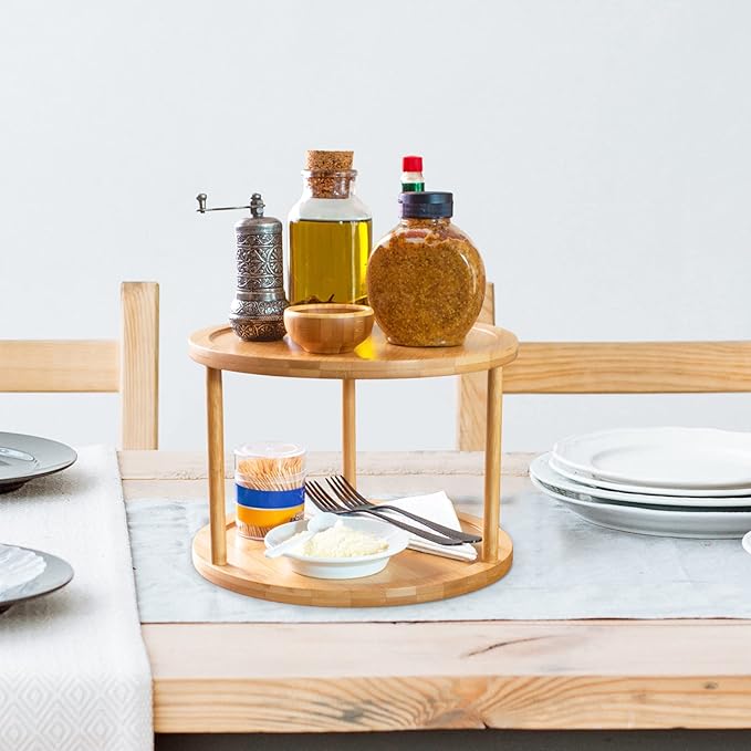 Two-Tier Bamboo Wood Lazy Susan Organizer Kitchen Turntable for Cabinet, Table or Pantry Organization