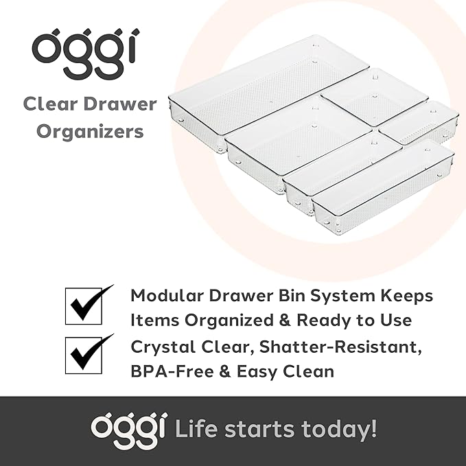 Oggi Clear Drawer Organizer - 6" X 9" - Ideal for Organizing Kitchen Drawers, Office, Desk, Silverware, Kitchen Utensils, Cosmetics and Bathrooms (Pack of 2)