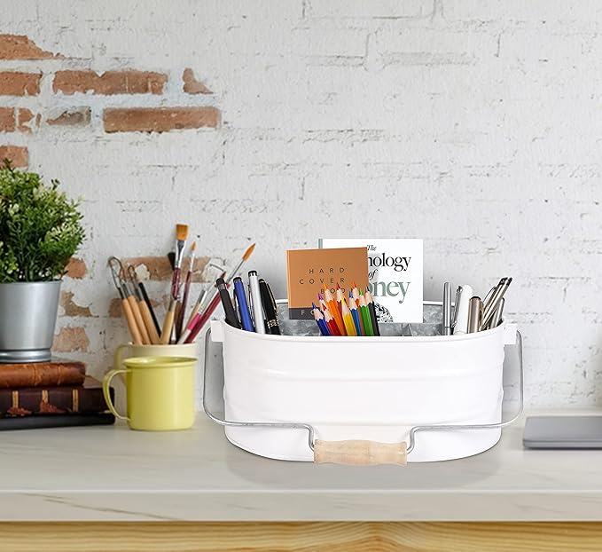 Galvanized Metal Caddy with 4 Compartments, Rustic Farmhouse Kitchen Indoor Outdoor Picnic Utensil Holder, Multipurpose Storage Bin, Metal Garden Planters - 12 Inch - White