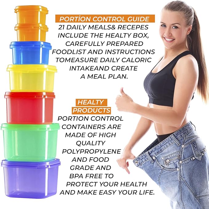 Portion Control Container and Food Plan (Labeled 28 Pcs) - 21 Day Portion Control Container Kit- 21 Day Tally Chart with e-Book