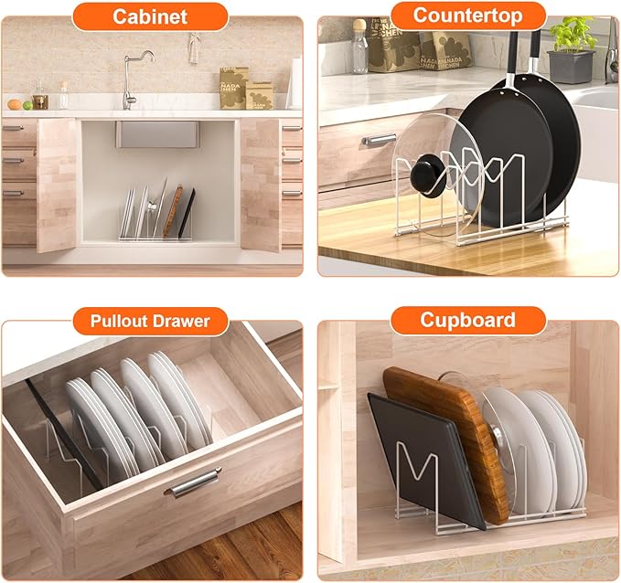 3 Pack Pot Lid Organizer for Cabinet, Stainless Steel Pot Lid Rack with Anti-slip Pad, Lid Holder for Pans Pots, Bakeware, Plates, Cookie Sheets, Trays, Dish, Cutting Boards, White