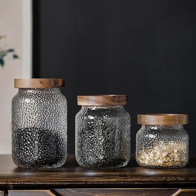 Viovian 16 oz Glass Coffee Nuts Canister Vintage Glass Storage Jars with Wooden Lids Clear Decorative Jar for Food Kitchen Coffee Tea Sugar Cookie Candy Counter Pantry 500ML