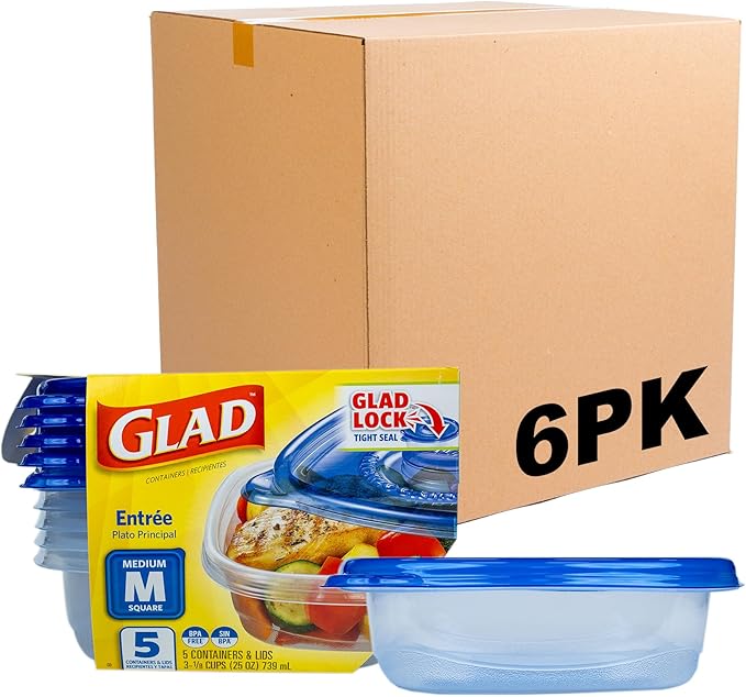 GladWare Entree Food Storage Containers, Medium Square Holds 25 Ounces of Food | Tupperware, Plastic Food Container, Meal Prep Container, Plastic Containers with Lids, 5 Count - 6 Pack