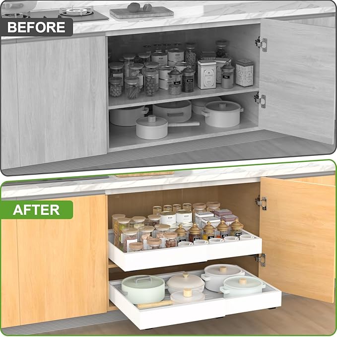 Pull out Cabinet Organizer, Expandable(12.2"-20.5") Heavy Duty Slide Out Drawers, Fixed with Adhesive Nano Film or Screw, Roll out Shelf Storage for Kitchen Base Cabinet Organization(21‘’Deep)
