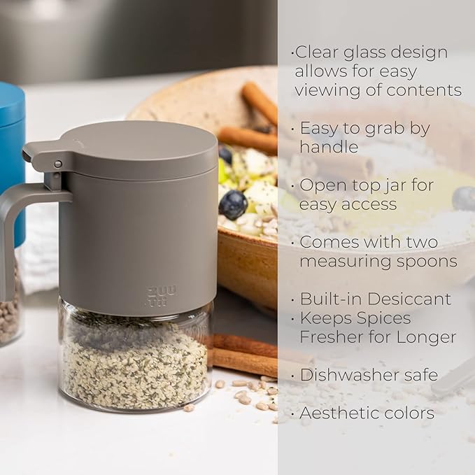Zuutii Glass Spice Jars Moisture-Proof Spice Containers with Spoons, Set of 2 10oz/300ml Spice Bottles, Mini Seasoning Storage Jars with Flapper Caps for Salt, Sugar, Peppers, Chili in Kitchen Grey