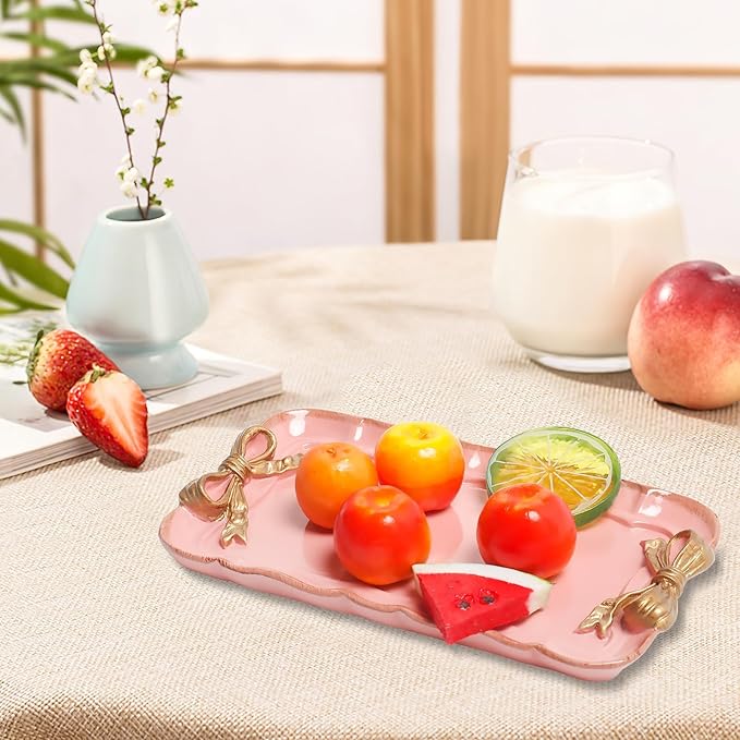 Vintage Decorative Tray Jewelry Tray Towel Tray Storage Tray Rings Necklace Bracelets Earrings Trays Cosmetics Jewelry Organizer Retro Design Bow Decor Resin Plate Coquette Room Decor (Pink)