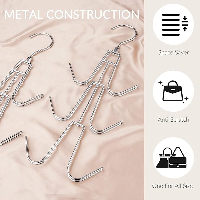 ZEDODIER Purse Hanger Organizer for Closet, 4 Pack Hanging Bag Holder, Keeping Purses Visible and in Good Condition, Metal Handbag Storage Hook Backpack Rack Space Saving Hanger, Silver