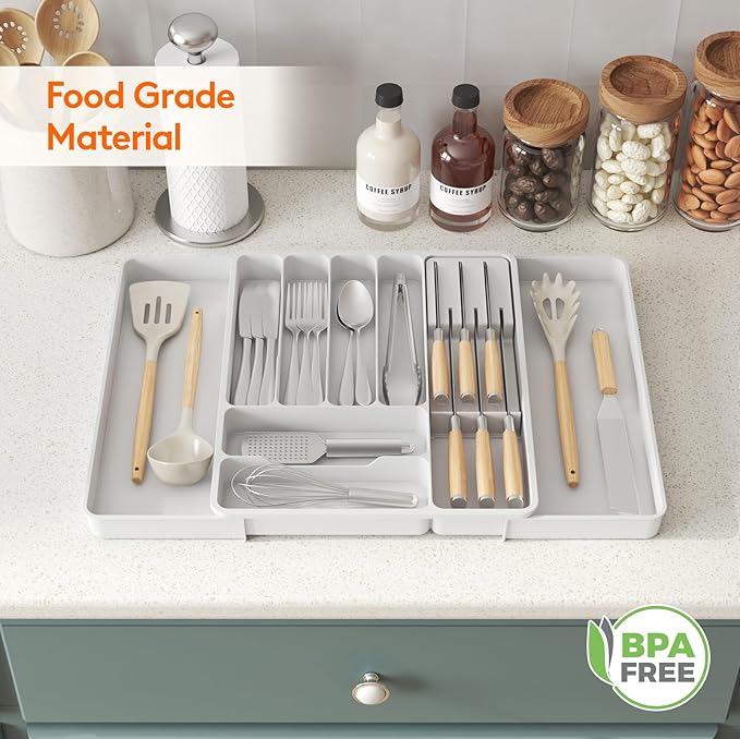 Lifewit Silverware Organizer for Kitchen Drawers, Expandable Utensil Tray with Removable Knife Block, Adjustable Cutlery and Flatware Holder, Plastic Spoon Forks Holder Storage Divider, Large, White