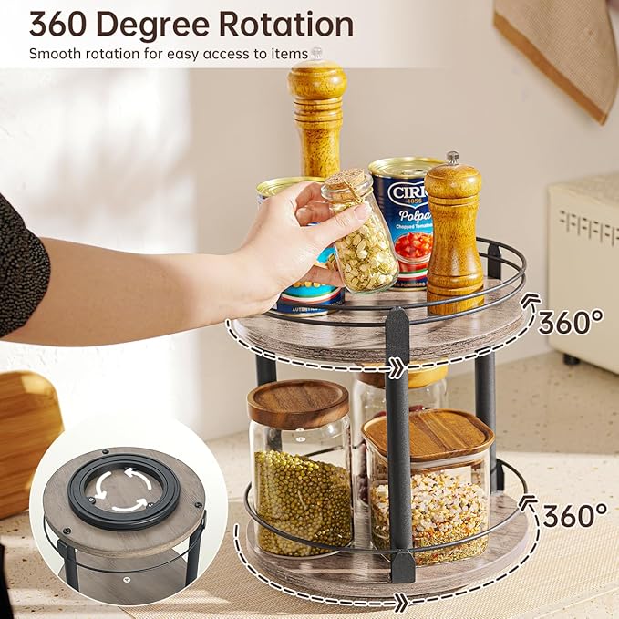 Lazy Susan Organizer, 2 tier Rotating Spice Rack, Lazy Susan 360 Degree Turntable Spice Holder Rack for Cabinet and Kitchen Countertop, Makeup Skincare Organizer Rack, Greige