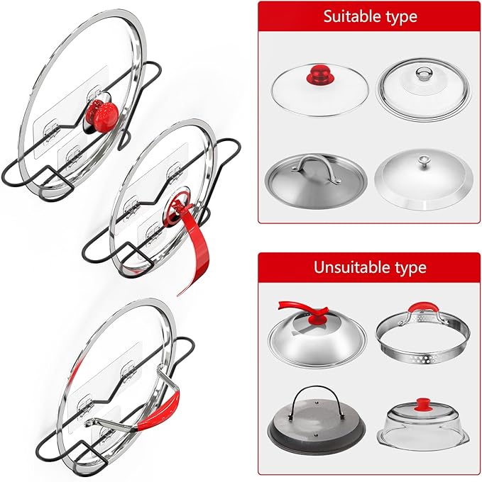 3 Pack Pot Lid Organizer, Rust Resistant Pan Lid Holder Organizer, No Drilling Adhesive Pot Lid Holder Inside Cabinet Door Wall Mount, Black Metal