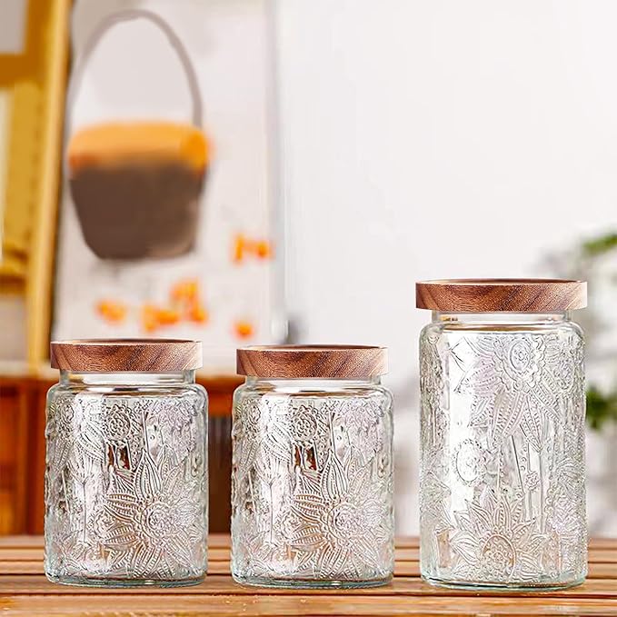 Vintage Glass Jars with Wooden Lids, 24 oz Airtight Glass Food Storage Containers Sets for the Kitchen, Sugar Coffee Tea Cookie Candy Spice Pasta(Sunflower)