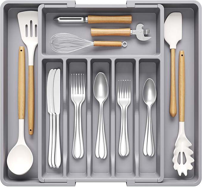 Lifewit Deep Silverware Drawer Organizer for Kitchen, Expandable Utensil Tray, Adjustable Flatware Cutlery Holder, Large Plastic Kitchen Storage for Spoons Forks Knives, 22.4 x 16.7 x 2 inches, Gray