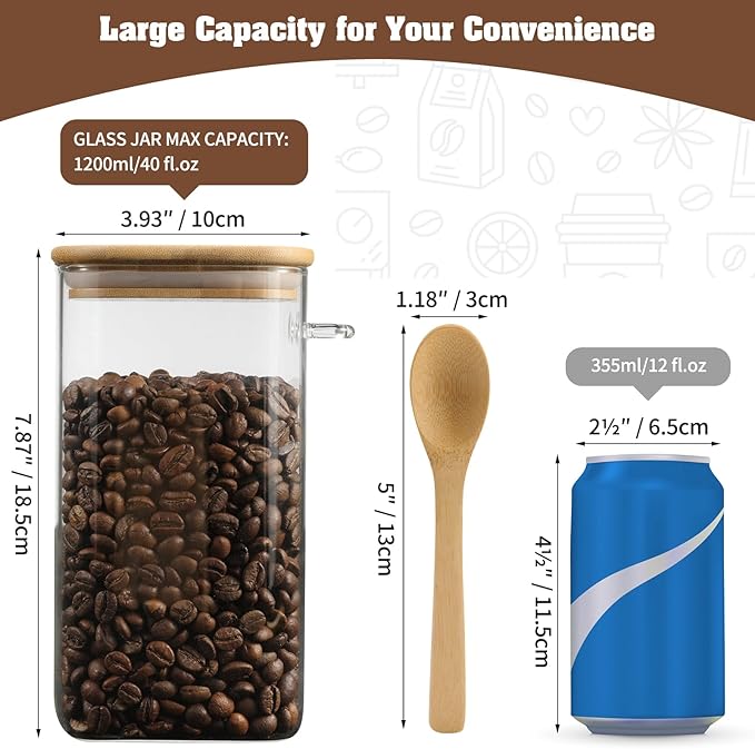 Glass Square Storage Jar with Bamboo Lids Spoons Glass Coffee Canister 40 Oz (1200 mL) Borosilicate Glass Food Container for Coffee Beans Nut Pasta Sugar Candy Spice Rice Loose Tea