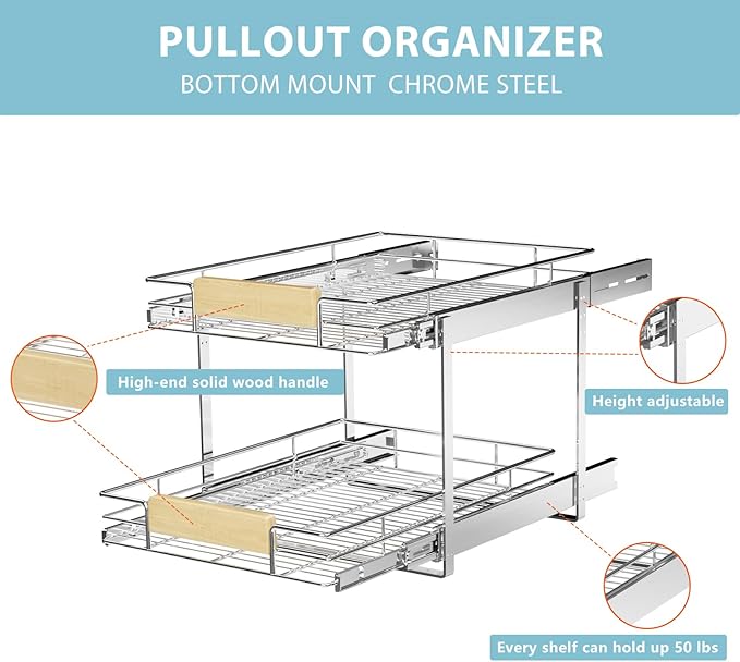 LOVMOR 2 Tier Pull Out Cabinet Organizer 16½" W x 21½" D, Slide Out Drawers with Wooden Handle, Sliding Shelves Organization and Storage for Kitchen, Pantry