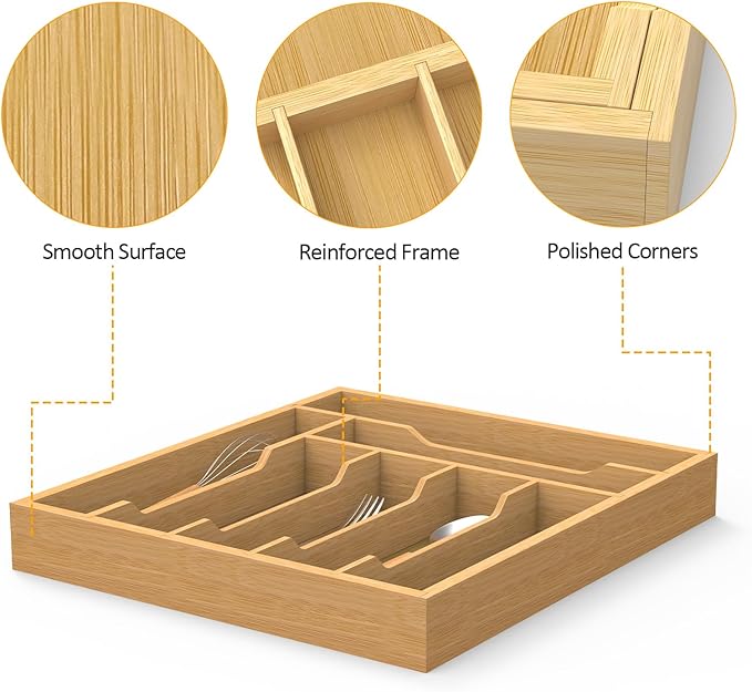 Bamboo Kitchen Drawer Organizer, Utensils Organizer Cutlery Tray Holder, 7-Slot Drawer Divider for Silverware, Flatware